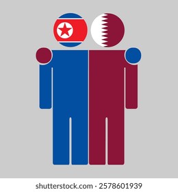 Flat illustration of two human figures with North Korea and Qatar flags as heads. Minimalistic design, isolated background.