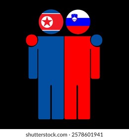 Flat illustration of two human figures with North Korea and Slovenia flags as heads. Minimalistic design, isolated background.