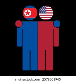 Flat illustration of two human figures with North Korea and USA flags as heads. Minimalistic design, isolated background.