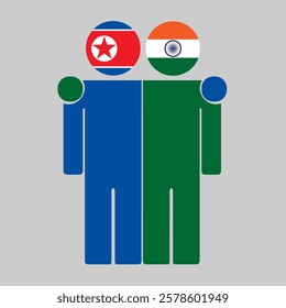 Flat illustration of two human figures with North Korea and India flags as heads. Minimalistic design, isolated background.