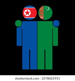 Flat illustration of two human figures with North Korea and Turkmenistan flags as heads. Minimalistic design, isolated background.