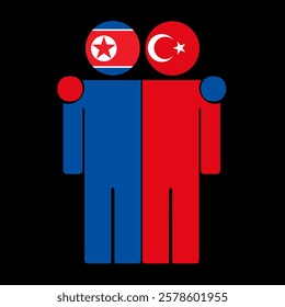 Flat illustration of two human figures with North Korea and Turkey flags as heads. Minimalistic design, isolated background.