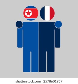 Flat illustration of two human figures with North Korea and France flags as heads. Minimalistic design, isolated background.