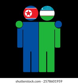 Flat illustration of two human figures with North Korea and Uzbekistan flags as heads. Minimalistic design, isolated background.