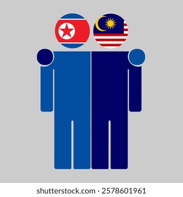 Flat illustration of two human figures with North Korea and Malaysia flags as heads. Minimalistic design, isolated background.