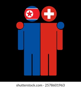 Flat illustration of two human figures with North Korea and Switzerland flags as heads. Minimalistic design, isolated background.