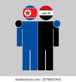 Flat illustration of two human figures with North Korea and Iraq flags as heads. Minimalistic design, isolated background.