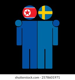 Flat illustration of two human figures with North Korea and Sweden flags as heads. Minimalistic design, isolated background.