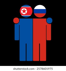 Flat illustration of two human figures with North Korea and Russia flags as heads. Minimalistic design, isolated background.