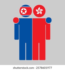 Flat illustration of two human figures with North Korea and Hong Kong flags as heads. Minimalistic design, isolated background.