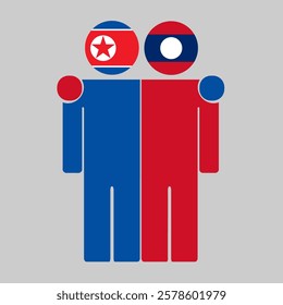 Flat illustration of two human figures with North Korea and Laos flags as heads. Minimalistic design, isolated background.