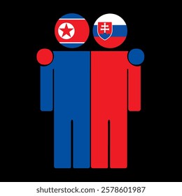 Flat illustration of two human figures with North Korea and Slovakia flags as heads. Minimalistic design, isolated background.