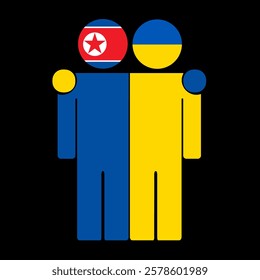 Flat illustration of two human figures with North Korea and Ukraine flags as heads. Minimalistic design, isolated background.