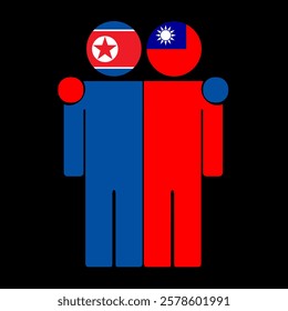 Flat illustration of two human figures with North Korea and Taiwan flags as heads. Minimalistic design, isolated background.