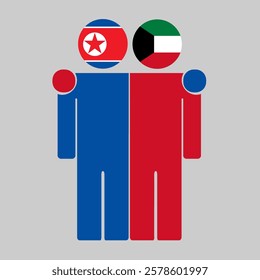 Flat illustration of two human figures with North Korea and Kuwait flags as heads. Minimalistic design, isolated background.