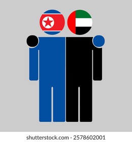 Flat illustration of two human figures with North Korea and UAE flags as heads. Minimalistic design, isolated background.