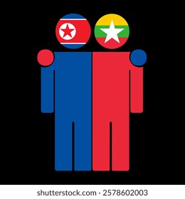 Flat illustration of two human figures with North Korea and Myanmar flags as heads. Minimalistic design, isolated background.