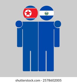 Flat illustration of two human figures with North Korea and El Salvador flags as heads. Minimalistic design, isolated background.