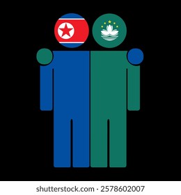 Flat illustration of two human figures with North Korea and Macau China flags as heads. Minimalistic design, isolated background.