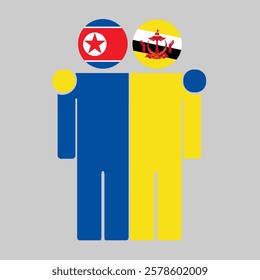 Flat illustration of two human figures with North Korea and Brunei Darussalam flags as heads. Minimalistic design, isolated background.