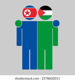 Flat illustration of two human figures with North Korea and Palestine flags as heads. Minimalistic design, isolated background.