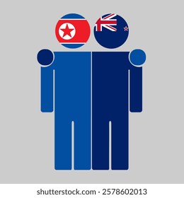 Flat illustration of two human figures with North Korea and New Zealand flags as heads. Minimalistic design, isolated background.