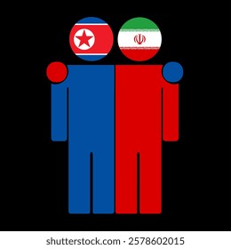 Flat illustration of two human figures with North Korea and Iran flags as heads. Minimalistic design, isolated background.