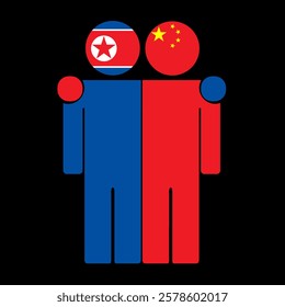 Flat illustration of two human figures with North Korea and China flags as heads. Minimalistic design, isolated background.