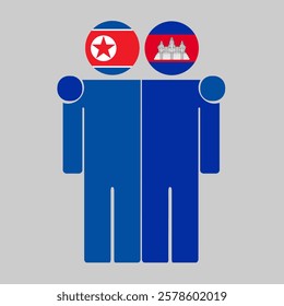 Flat illustration of two human figures with North Korea and Cambodia flags as heads. Minimalistic design, isolated background.