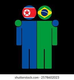 Flat illustration of two human figures with North Korea and Brazil flags as heads. Minimalistic design, isolated background.