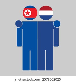 Flat illustration of two human figures with North Korea and Netherlands flags as heads. Minimalistic design, isolated background.