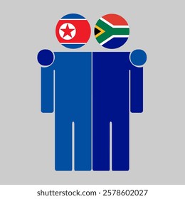 Flat illustration of two human figures with North Korea and South Africa flags as heads. Minimalistic design, isolated background.