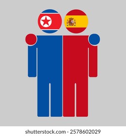 Flat illustration of two human figures with North Korea and Spain flags as heads. Minimalistic design, isolated background.