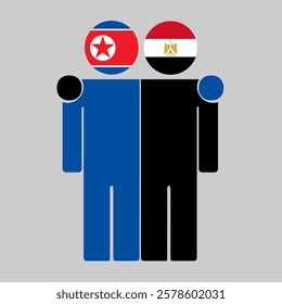 Flat illustration of two human figures with North Korea and Egypt flags as heads. Minimalistic design, isolated background.