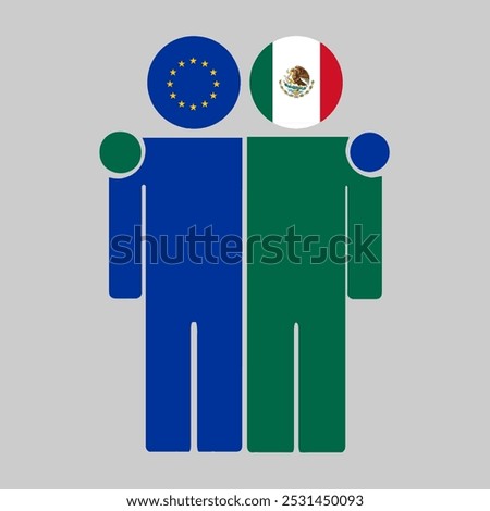 Flat illustration of two human figures with the European Union and Mexico flags as heads. Minimalistic design, isolated background.