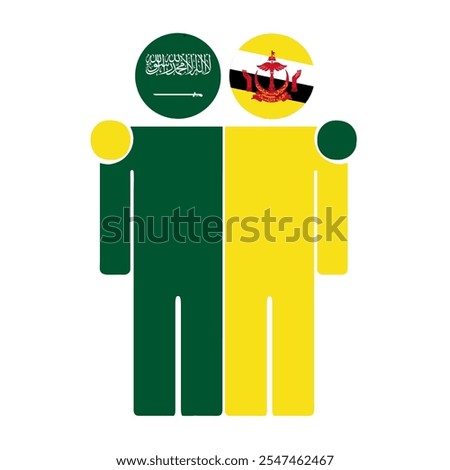 Flat illustration of two human figures with Saudi Arabia and Brunei Darussalam flags as heads. Minimalistic design, isolated background.