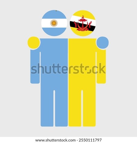 Flat illustration of two human figures with Argentina and Brunei Darussalam flags as heads. Minimalistic design, isolated background.