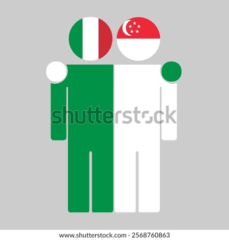 Flat illustration of two human figures with Italy and Singapore flags as heads. Minimalistic design, isolated background.