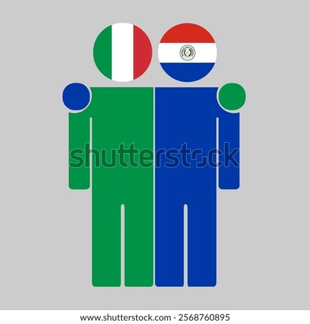 Flat illustration of two human figures with Italy and Paraguay flags as heads. Minimalistic design, isolated background.