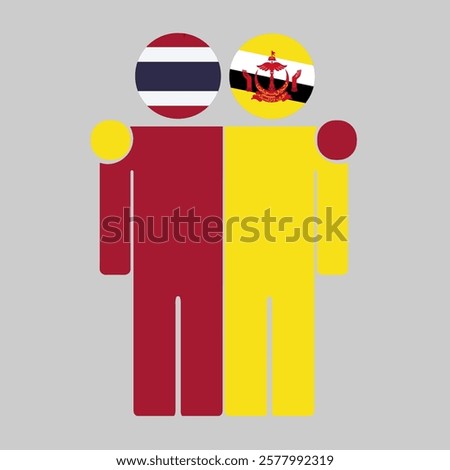 Flat illustration of two human figures with Thailand and Brunei Darussalam flags as heads. Minimalistic design, isolated background.