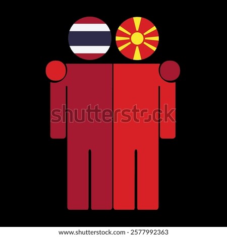 Flat illustration of two human figures with Thailand and North Macedonia flags as heads. Minimalistic design, isolated background.
