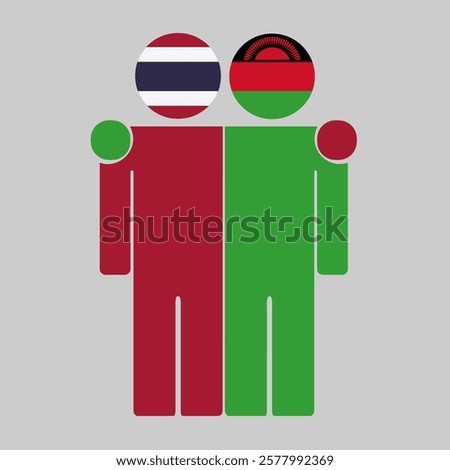 Flat illustration of two human figures with Thailand and Malawi flags as heads. Minimalistic design, isolated background.