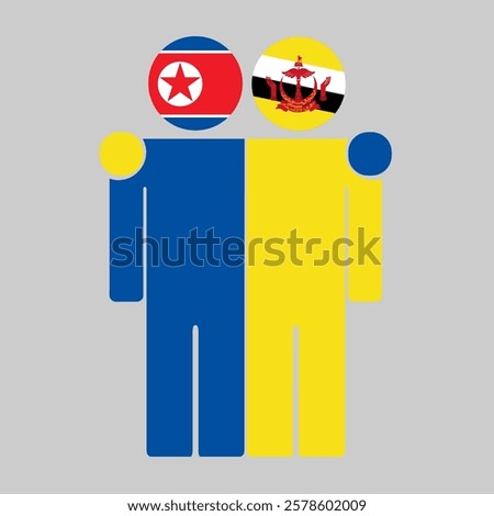 Flat illustration of two human figures with North Korea and Brunei Darussalam flags as heads. Minimalistic design, isolated background.