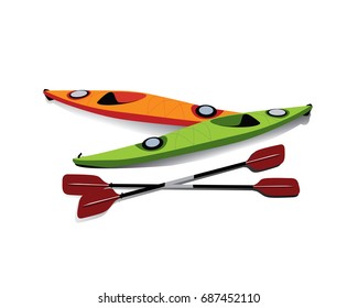 Flat illustration of two kayaks with oars on shore