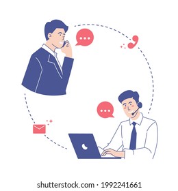 Flat illustration of two man make communication online. Man wear suit hold phone. Man wear headphone and laptop. Telecommunication concept vector isolated white background. Stay distance keep healthy