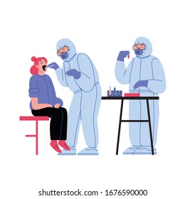 Flat illustration of two medical doctors wearing covid-19 protection suit running tests and treating patient at the medical office