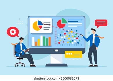 Flat illustration of two men analyzing graphs to develop problem-solving strategies on computer screen
