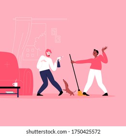 Flat illustration of two men dancing while cleaning their home. Dancing with a pet, holding a mop, having fun at home