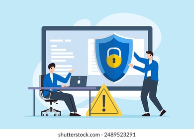 Flat illustration of two men shielding computer from data breach firewall protection cybersecurity defense