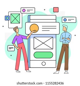 flat illustration of two men with smartphone and interface elements